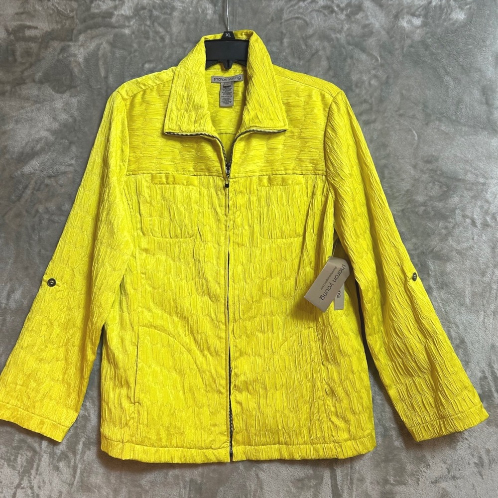 Sharon Young Women Chartreuse Yellow Crinkle Zip Up Jacket Size L NEW